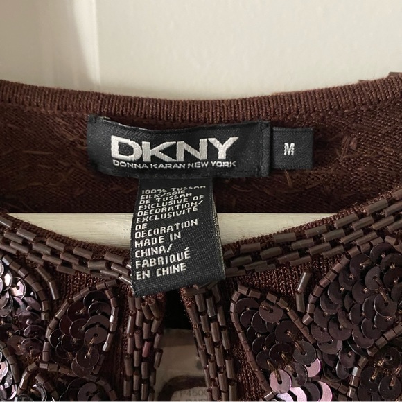 DKNY 100% SILK Vintage Embroidered Beaded Brown Mini Sweater Coat - Picture 5 of 6